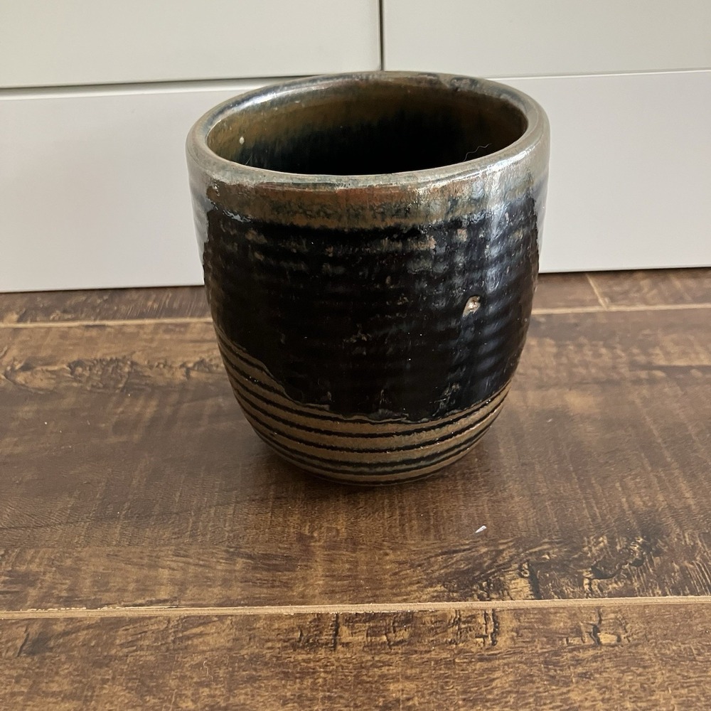 Studio Pottery Ceramic Vase Planter Pencil Holder Metallic Glaze Ribbed 4"